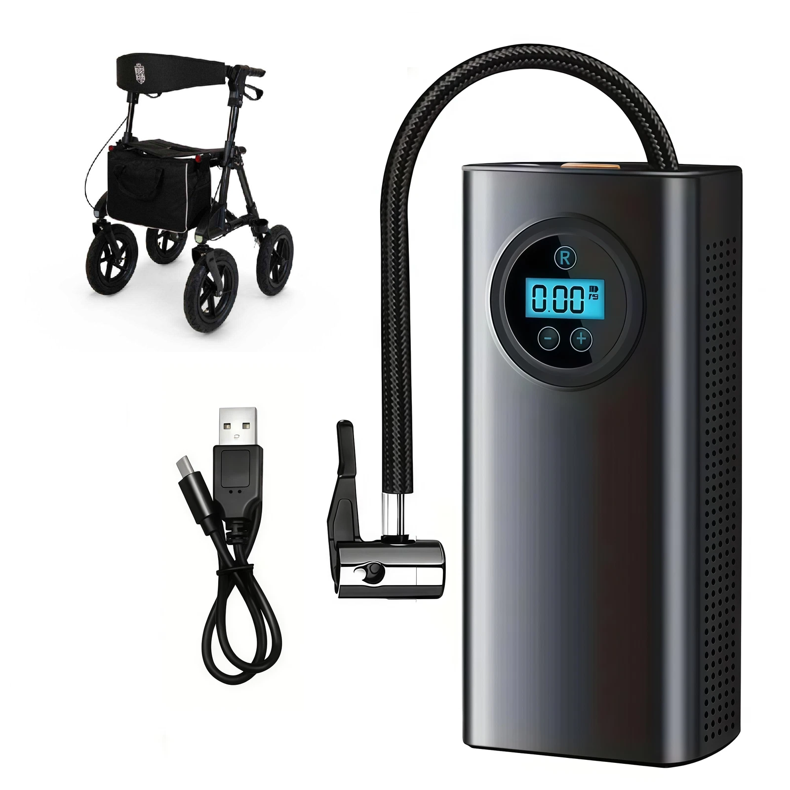Tragbare Akku Luftpumpe - ideal für luftbereifte Outdoor Rollatoren