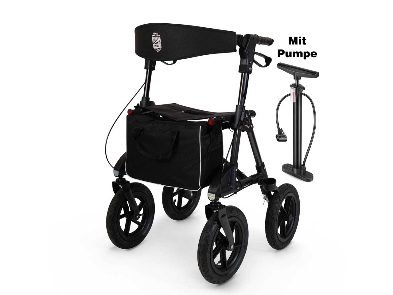 Geländerollator im Set mit Pumpe - outdoor Rollator mit Luftbereifung Sitz Lehne - faltbar & leicht in Titanschwarz